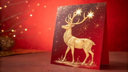 Christmas Card Magic Golden Deer In Shiny Red Background