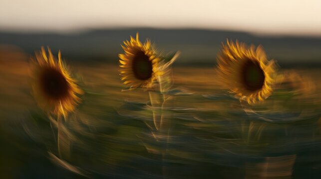 Capitulate theme. Blooming sunflowers across an open field under soft evening light, organic nature scenery. gardening catalogs, home decor publications.