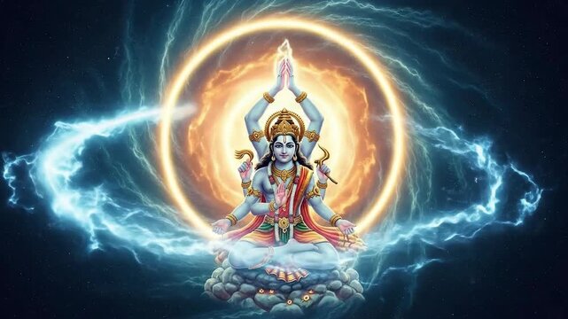 Meditative depiction of a divine deity surrounded by cosmic energy.