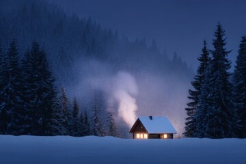 a wooden house in the middle of an alpine forest, snowing heavily at night, smoke coming out from chimney light up inside cottage.
