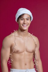 a young asian man wearing a christmas hat and lights around his body, displaying his muscular upper torso while smiling against a red background.