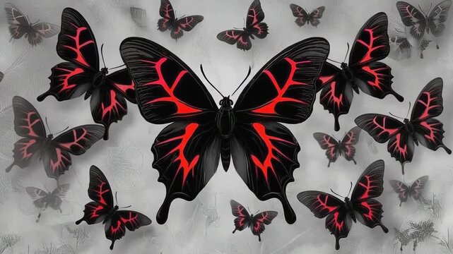 Black butterflies with glowing red veins, slow orbit tracking their motion 4K