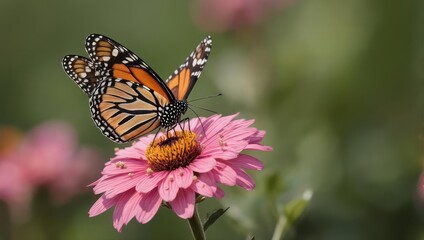 Obraz premium Monarch Butterfly Sipping Nectar from a Pink Zinnia Flower.