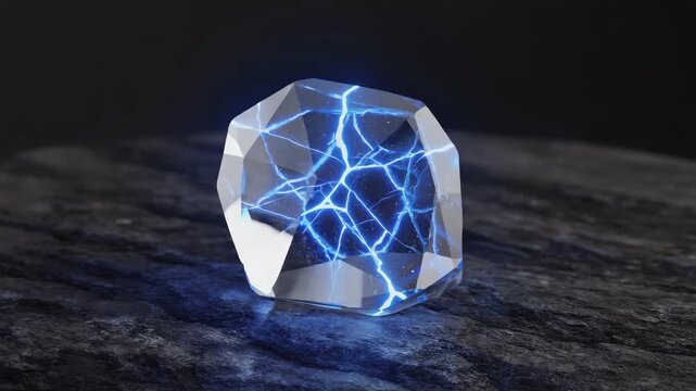 Precious gemstone cracked slightly, faint blue light visible through fractures 4K