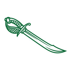 Obraz premium Green cutlass sword with ornate handle and curved blade isolated on white background