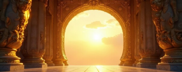 Gargantuan golden frame, intricate details, sunlit scene, museum, gleam, aesthetic