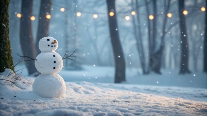 Snowman On Snow In Winter Forest With Snowfall In Defocused Landscape  