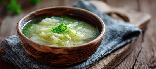 Rustic Cabbage Soup in Wooden Bowl with Fresh Garnish on Wooden Surface