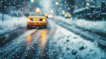 Yellow taxi in a snowy street with falling snowflakes for winter city scene concept