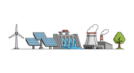 Wind turbine and solar panels in line art style with blue and gray color scheme, representing renewable energy sources on white background