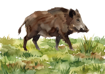 Watercolor-style wild boar illustration／猪