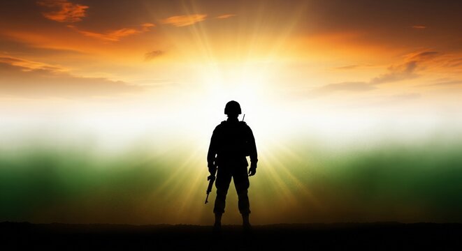 Indian Army Soldier Silhouette Against Dramatic Tricolor Sky