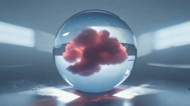 A raging red storm cloud swirling inside a transparent glass sphere, filmed in a seamless 360&deg; orbit Volumetric lighting and reflections amplify the trapped cosmic energy 4K