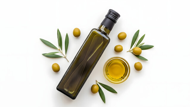 a top down view of a dark glass bottle filled with olive oil surrounded by fresh olives and green leaves on a white background high quality