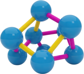 A colorful shiny molecular structure model composed of interconnected blue spheres and yellow and pink rods resembling a complex atom or compound molecule molecular model transparent background