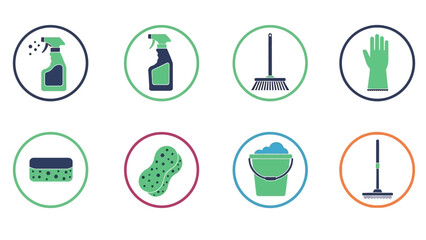 Cleaning supplies icons set for domestic chores and hygiene concepts