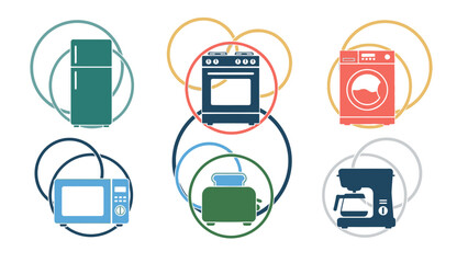 Colorful household appliances refrigerator oven washing machine and more