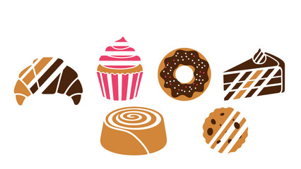 Assortment of baked goods croissant cupcake donut cake cookie and cinnamon roll