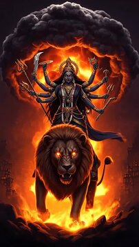 Fiery multi-armed goddess riding a roaring lion through blazing flames.