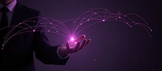 Businessman presenting futuristic network connections in dark modern space