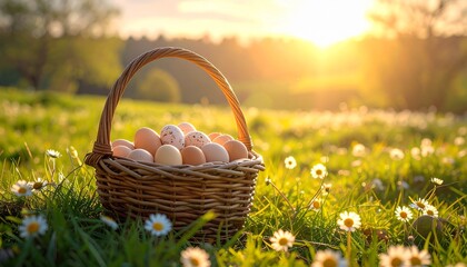 Lifestyle photography, a bamboo woven Easter basket filled with eggs, placed on a green meadow with tiny daisies, sunset lighting, rural and peaceful vibe