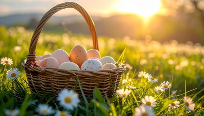 Lifestyle photography, a bamboo woven Easter basket filled with eggs, placed on a green meadow with tiny daisies, sunset lighting, rural and peaceful vibe