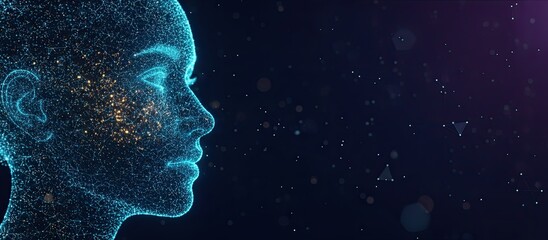 Futuristic digital human face with glowing blue particles