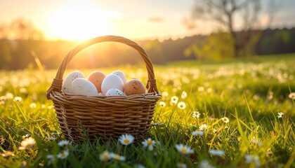 Lifestyle photography, a bamboo woven Easter basket filled with eggs, placed on a green meadow with tiny daisies, sunset lighting, rural and peaceful vibe