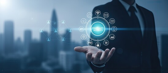 Businessman presenting smart city services in modern urban landscape