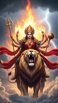 Powerful multi-armed goddess Durga riding a roaring lion in storm.