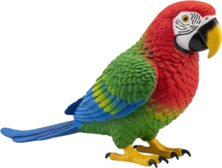 A vibrantly colored parrot with red green and blue plumage featuring a yellow beak and detailed feather textures posed in profile macaw bird colorful tropical exotic wildlife transparent background