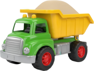 A green toy dump truck filled with sand featuring a yellow bed and red wheels designed for children's play vehicle construction transport cubic plastic bright cheerful fun transparent background
