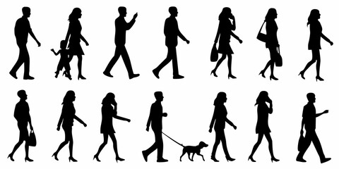 Fototapeta premium A collection of black silhouettes depicting people walking and interacting
