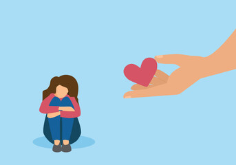 Empathy support or kindness compassion, understanding or giving care and love to people, employee or coworker, kindness hand giving heart to depressed sadness woman