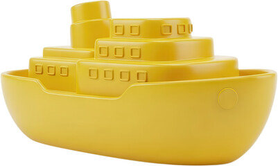 Bright yellow toy cruise ship with multiple decks and square windows presented as a clean 3D render boat vessel cheerful simplistic object design element transportation nautical transparent background
