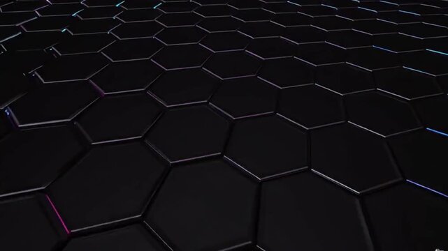 Abstract tech motion design featuring black hexagonal patterns accented with glowing neon lights, creating a sleek, futuristic, and high-tech visual atmosphere.