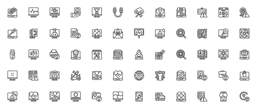 Computer Diagnostics icon set. Vector illustration. Includes symbols for laptop, repair, technical support, cloud, server, router, hard disk, data recovery and more. Editable stroke.