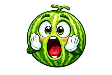 Cartoon watermelon character with an expressive face showing shock, surprise, or screaming. Transparent background