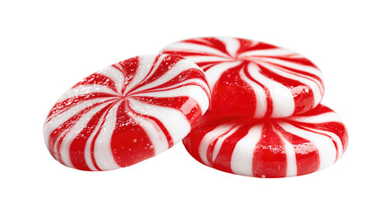 Three red and white peppermint swirl candies for holiday treats.

