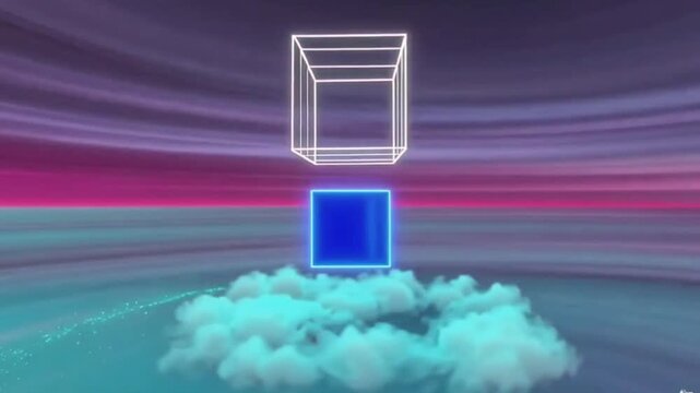 Looping 3D animation featuring an abstract neon background with a glowing square shape and a spinning cloud. A blank geometric frame floating in the sky, creating a futuristic and surreal visual conce