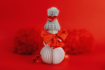 Snowman in love, festive greeting card concept, Valentine's Day, Wedding or Anniversary. Handmade
