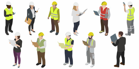 Isometric diverse group of people working reviewing plans and using technology