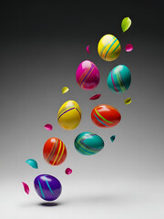 Colorful Easter eggs falling with petals on gradient background  