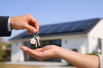 Hands exchanging house keys in front of modern eco-friendly home with solar panels