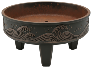 Round dark ceramic bonsai pot with relief wave pattern and legs isolated with transparent background