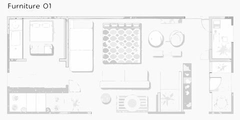 A top down view of a furniture arrangement floor plan in light gray tones © Asit