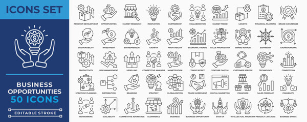 Naklejka premium Business Opportunities icon set vector illustration. Containing product development, innovation, investment, partnership, sustainability, market research, strategy and growth icon.