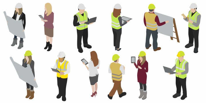 Isometric illustration of diverse construction workers and professionals in various poses