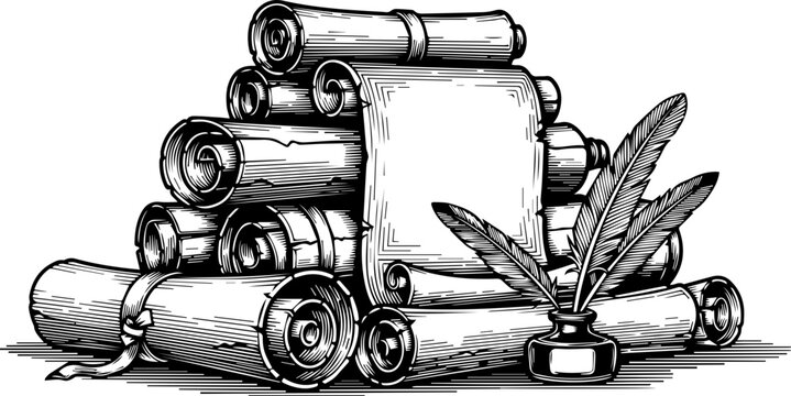Vintage Engraving of Ancient Stacked Paper Scrolls with Quill Pen and Inkwell