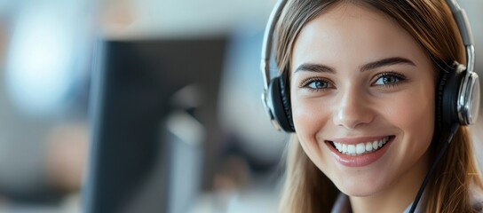 Friendly customer support agent wearing headset in modern call center office, ideal for customer service, technical support, help desk communication, and business assistance use